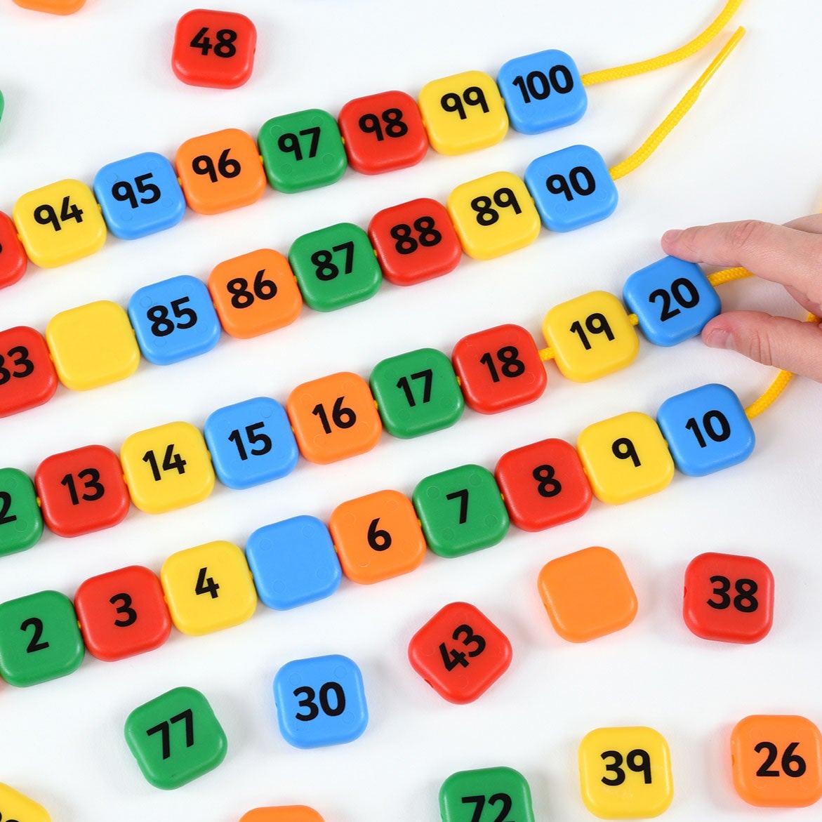 0-100 Lacing Number Beads,Introducing the 0-100 Lacing Number Beads Set! Get ready to embark on a colourful and educational journey with our vibrant set of 0-100 Lacing Number Beads. Designed to support children's development in fine motor skills, maths abilities, sorting, and counting, this comprehensive set is the perfect tool for reinforcing early learning goals for counting from 0 to 100. Here's why our number beads set stands out: Key Features: Comprehensive Set: Our set includes 101 number beads and 1