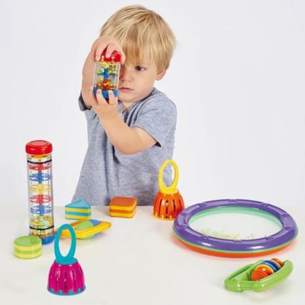 10 Piece Early Years Music Set,The Early Years Music Set is a colourful and practical 10-piece set of percussion instruments, ideal for young children to learn about sound and rhythm, and encouraging group participation in songs and dance. The Early Years Music Set is a fantastic resource for any early years setting or home setting and children will love to explore the musical instruments within the Early Years Music Set. Contents of the Early Years Music Set: 2 hand bells, 2 grip rattles, 3 hand shakers, 2