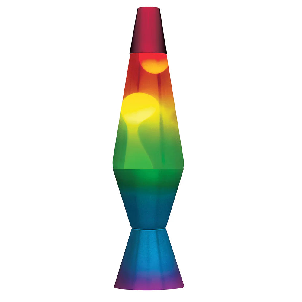 14.5" Rainbow Lava Lamp,Rainbow LAVA Lamp Brighten up your child's day with our captivating Rainbow LAVA Lamp! This mesmerizing lamp is the perfect addition to children's playrooms, bringing a burst of vibrant colors to their space. The Rainbow LAVA Lamp showcases a stunning display of multicolored wax as it gracefully moves within the liquid, creating a visually enchanting spectacle. Its rainbow-effect hand-spun metal base adds an extra touch of magic to the experience. Rainbow Lava Lamp Features: Vibrant 