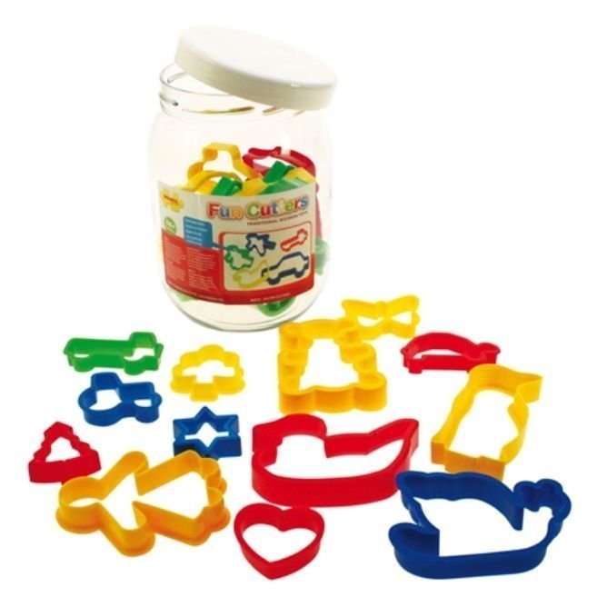 24 Piece Pack Pastry Cutters,This large jar of brightly coloured Pastry Cutters will delight young bakers with plenty of fun designs which include animals, plants, vehicles, people and buildings, in different sizes and colours.This large jar of cut out shapes will delight young bakers looking for plenty of fun! Lots of designs in different sizes and colours, making every baking session a unique experience. Easy to clean, and can be stored tidily in the large jar. Suitable for ages 3+ years, consists of 24 p