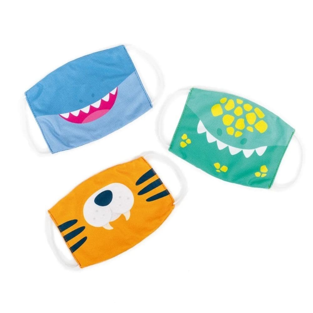 3 Pack Dinosaur, Tiger, Shark Kids Face Mask Set,Cute Trio of Washable, Reusable Face Coverings for Kids Ensure your child stays safe and stylish with this adorable trio of washable, reusable face coverings. Designed for children aged 3 years and up, these face coverings feature fun designs of a dinosaur, tiger, and shark. Made from ultra-soft polyester fabric, they provide comfort and durability, making them perfect for everyday use. Key Features: Adorable Designs: This set includes three face coverings fe