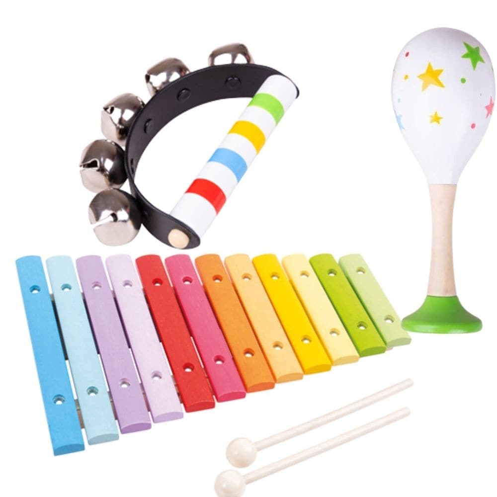 3 Piece Wooden Music Set,Strike up the band! This Wooden Music Set will help children to develop their musical flair from an early age and to understand more about how different sounds can work together. A colourful xylophone, hand bell and castanet are included in this set, which is perfect for creative play sessions between friends or family. Ideal as an early introduction to sound and rhythm and a great way to encourage creativity. Helps to develop dexterity and co-ordination. Made from high quality, res