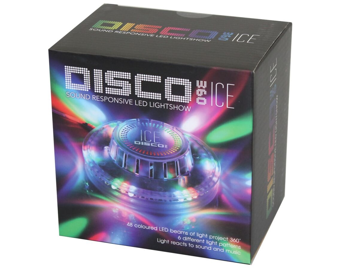 360 Disco Ice Light,Disco Ice Ligh The Disco Ice Light is a compact yet powerful lighting device that enhances any event with its vibrant and exciting coloured beams. Equipped with 48 bright LED lights in red, green, and blue, this light offers a 360° projection that responds to sound, making your space come alive with the beat of your music. 360 Disco Ice Light Features: Sound Responsive: The lights dance in time with your tunes, creating an immersive party atmosphere. 360° Light Projection: Ensures comple