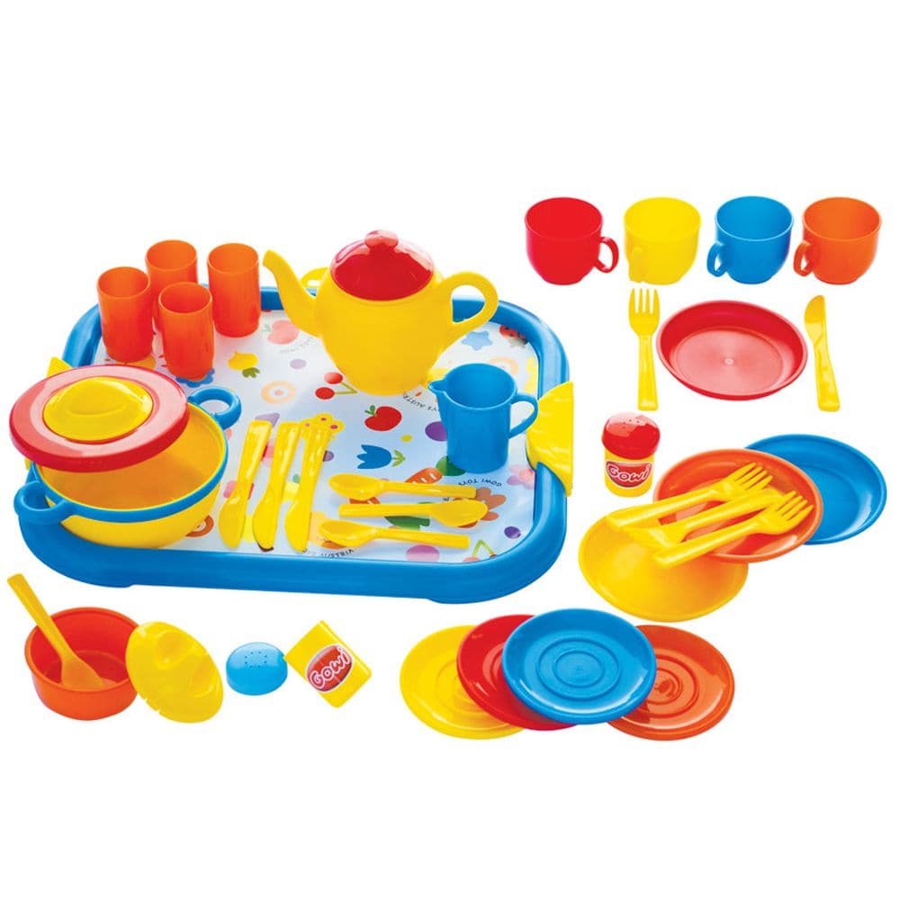 40 Piece Dinner Service,Host the ultimate pretend play dinner party with the vibrant 40-Piece Dinner Service Toy Set! This comprehensive play dinner set includes all the essentials for a delightful playtime experience. Your little one can serve imaginary tea and dishes with an array of colourful pieces that spark joy and enhance creative play. Key Features: Complete Dinner Set: The set includes a teapot, cups, saucers, plates, cutlery, and even a casserole dish, along with charming salt and pepper shakers a