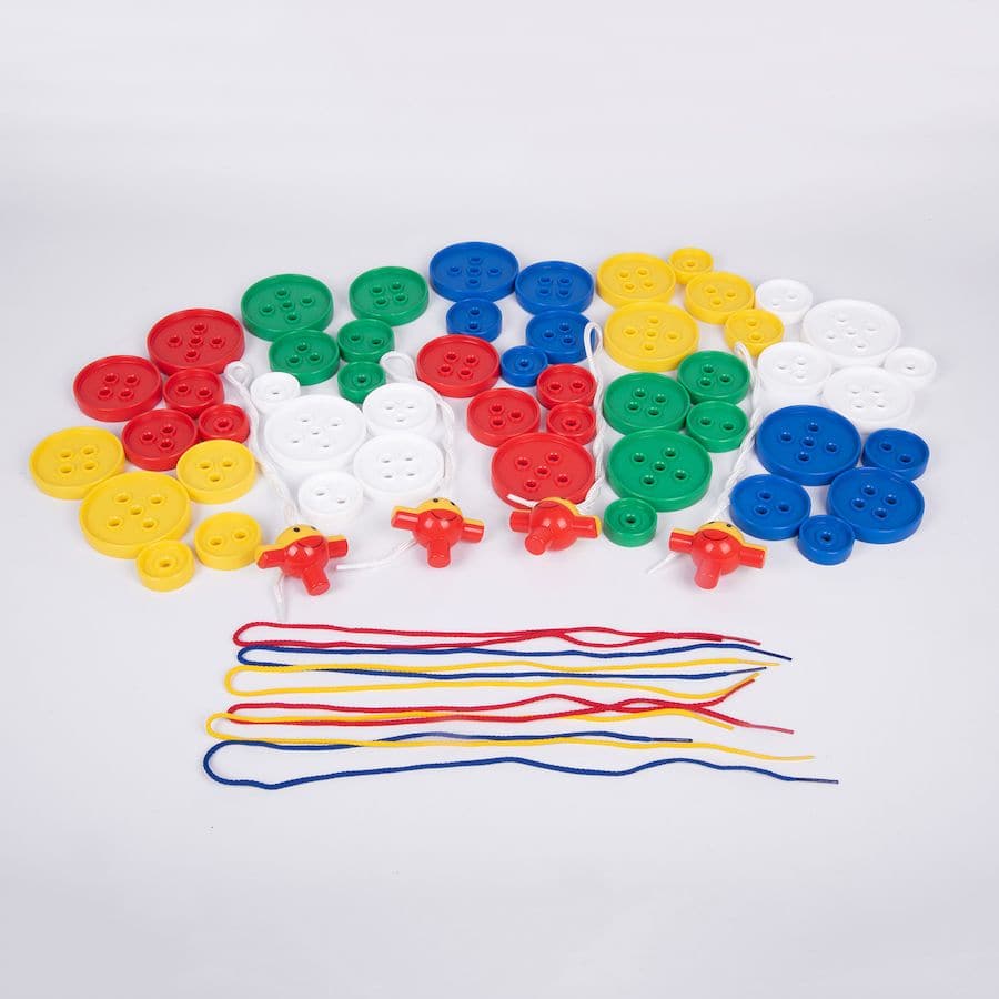 54 Pack Giant Threading Buttons,The 54 Pack Giant Threading Buttons set is an innovative and engaging tool designed to enhance early developmental skills in children. This Giant Threading Buttons set, with its wide array of giant buttons in different shapes, colours, and sizes, provides a hands-on learning experience that encourages children to explore the fundamentals of sequencing, sorting, and tactile discrimination. Key Features of the 54 Pack Giant Threading Buttons: Fine Motor Skill Development: Handl