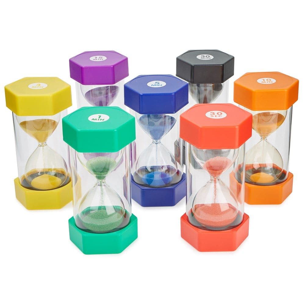 6 Pack Special Needs Sand Timer Kit,The Classroom Sand Timers set is an exceptionally durable collection of 6 sand timers, each designed to withstand the demands of a busy classroom environment. With moulded end caps and thick wall surrounds, these sand timers are virtually indestructible, ensuring they can be used repeatedly without worry of damage. The set is specially crafted to meet the needs of all learners, including those with special requirements, making it a versatile tool for a variety of educatio