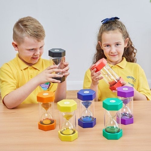 6 Pack Special Needs Sand Timer Kit,The Classroom Sand Timers set is an exceptionally durable collection of 6 sand timers, each designed to withstand the demands of a busy classroom environment. With moulded end caps and thick wall surrounds, these sand timers are virtually indestructible, ensuring they can be used repeatedly without worry of damage. The set is specially crafted to meet the needs of all learners, including those with special requirements, making it a versatile tool for a variety of educatio