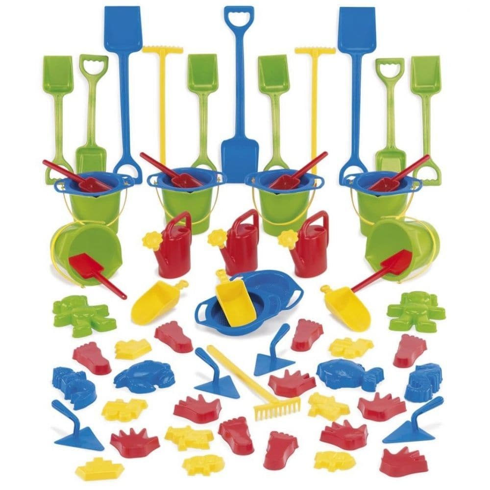 66 Piece Sand And Water Set,This bumper value 66 Piece Sand and Water Set is enough for the whole class and contains top quality product compiling with all relevant safety standards. The 66 Piece Sand and Water Set is a super value set containing 66 sand & water accessories for the whole class to enjoy. The 66 Piece Sand and Water Set includes: sieves, large spades, small spades, buckets, watering cans, moulds, water wheels and more! This product is dishwasher safe. 66 Pieces supplied Recommended age group 