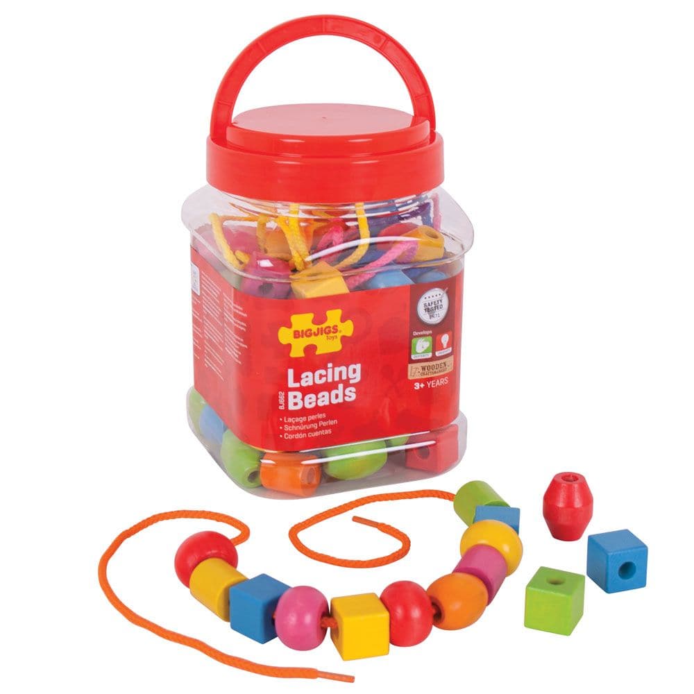 95 Piece Lacing Beads Set,The 95 Piece Lacing Beads Set is an engaging and educational toy designed to enhance a range of developmental skills in young children. Housed in a convenient screw-top jar with a built-in carry handle, this set offers a colourful array of wooden lacing beads, providing not only fun but also a valuable learning experience. With 90 beads and 5 laces included, children can create endless designs by combining different shapes and colours, promoting creativity and imagination. Key Feat