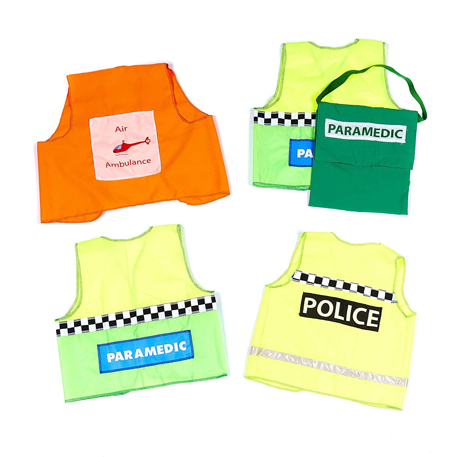 Accident Response Role Play Set,Introducing our Set of Role Play Accident Response Waistcoats, the perfect addition to your dressing up box! This set includes four dressing up waistcoats, specifically designed for emergency services role play.With two paramedic waistcoats, a police waistcoat, an air ambulance waistcoat, and a first aid kit bag, this set offers endless possibilities for imaginative play. Whether your little one dreams of being a hero in the medical field, a brave police officer, or a fearles