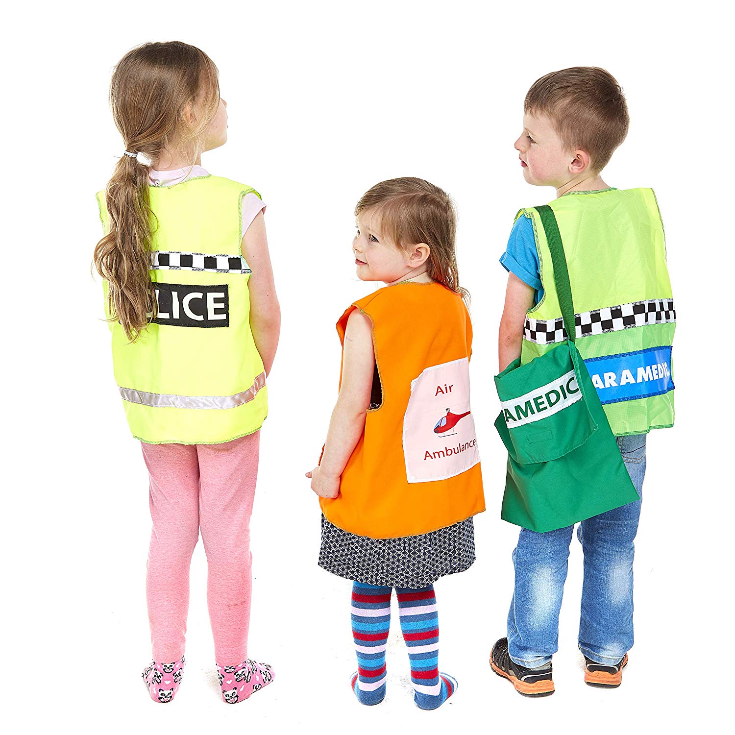 Accident Response Role Play Set,Introducing our Set of Role Play Accident Response Waistcoats, the perfect addition to your dressing up box! This set includes four dressing up waistcoats, specifically designed for emergency services role play.With two paramedic waistcoats, a police waistcoat, an air ambulance waistcoat, and a first aid kit bag, this set offers endless possibilities for imaginative play. Whether your little one dreams of being a hero in the medical field, a brave police officer, or a fearles