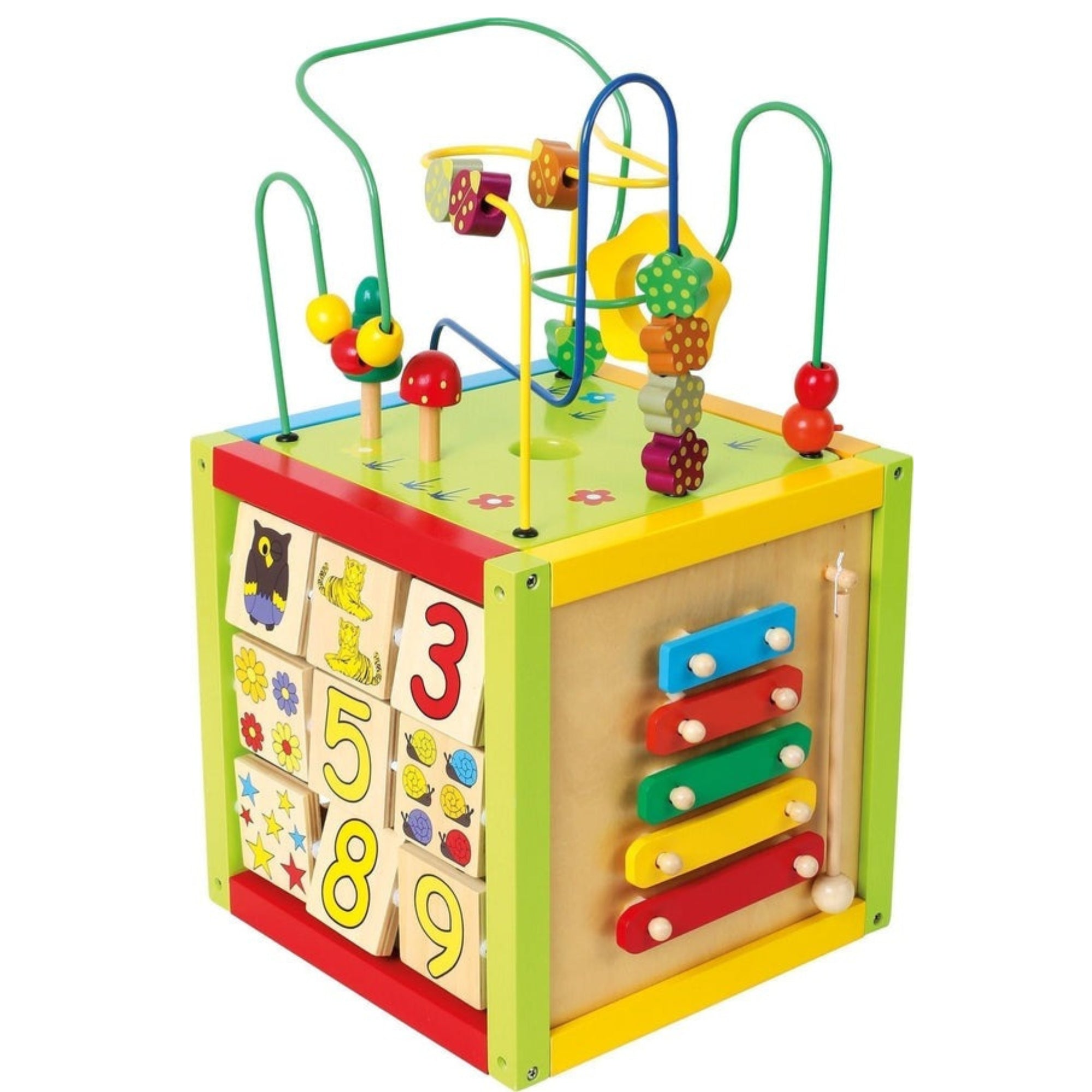 Activity Cube,The Activity Cube is a versatile and engaging wooden toy designed to provide endless hours of fun and learning for young children. Here are its key features. This activity cube features five sides of diverse playtime activities, offering a variety of experiences for young explorers. From a xylophone and spinning pieces to a chalkboard and activity loop on the removable lid, each side is packed with interactive elements that stimulate the senses and enhance motor skills. Multisensory Experience