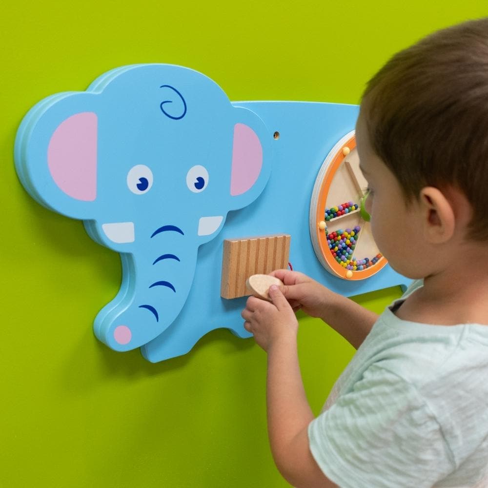 Activity Wall Panel Elephant,An appealing manipulative wall panel in a Elephant design, providing a range of fine motor activities several children can enjoy at once. The Activity Wall Panel Elephant is visually captivating and providing a range of interesting manipulative activities for a single child or group of children playing and exploring together. Excellent for the development of hand-eye coordination, finger control and fine motor skills. Also providing problem solving challenges appropriate to youn