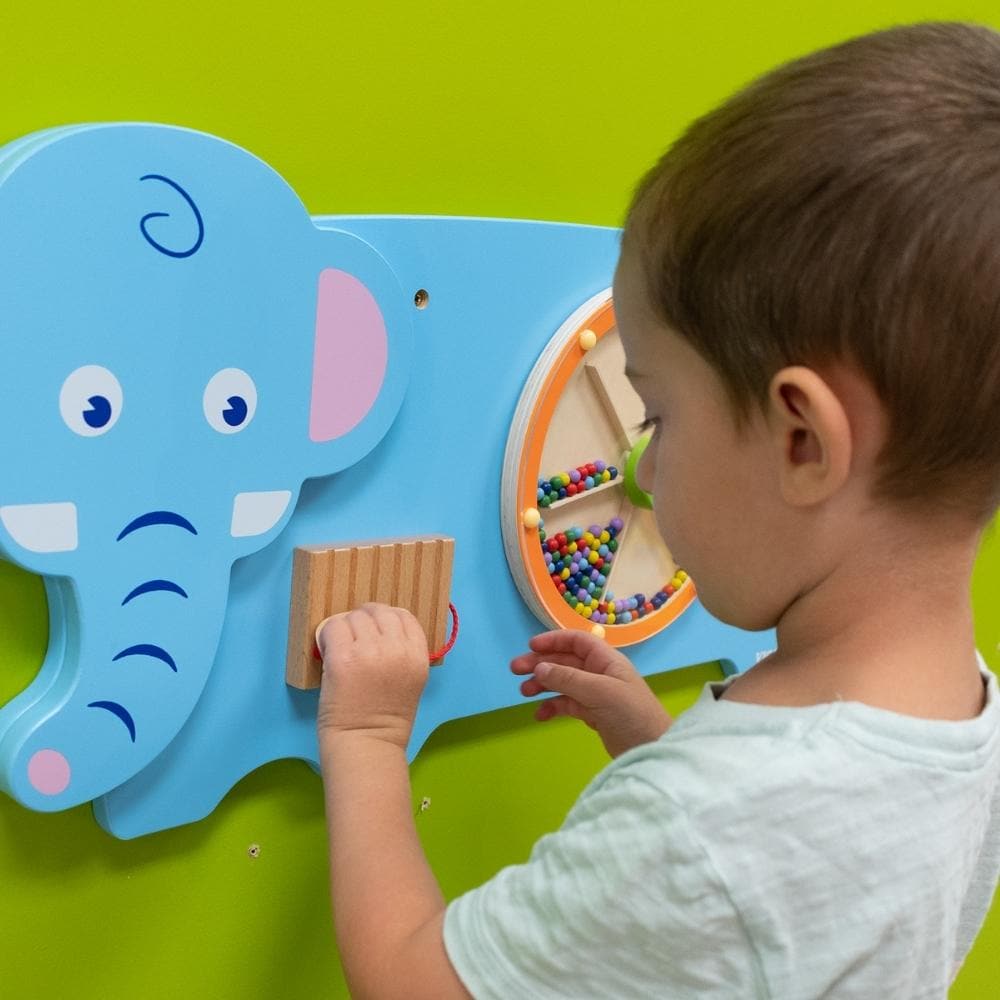 Activity Wall Panel Elephant,An appealing manipulative wall panel in a Elephant design, providing a range of fine motor activities several children can enjoy at once. The Activity Wall Panel Elephant is visually captivating and providing a range of interesting manipulative activities for a single child or group of children playing and exploring together. Excellent for the development of hand-eye coordination, finger control and fine motor skills. Also providing problem solving challenges appropriate to youn