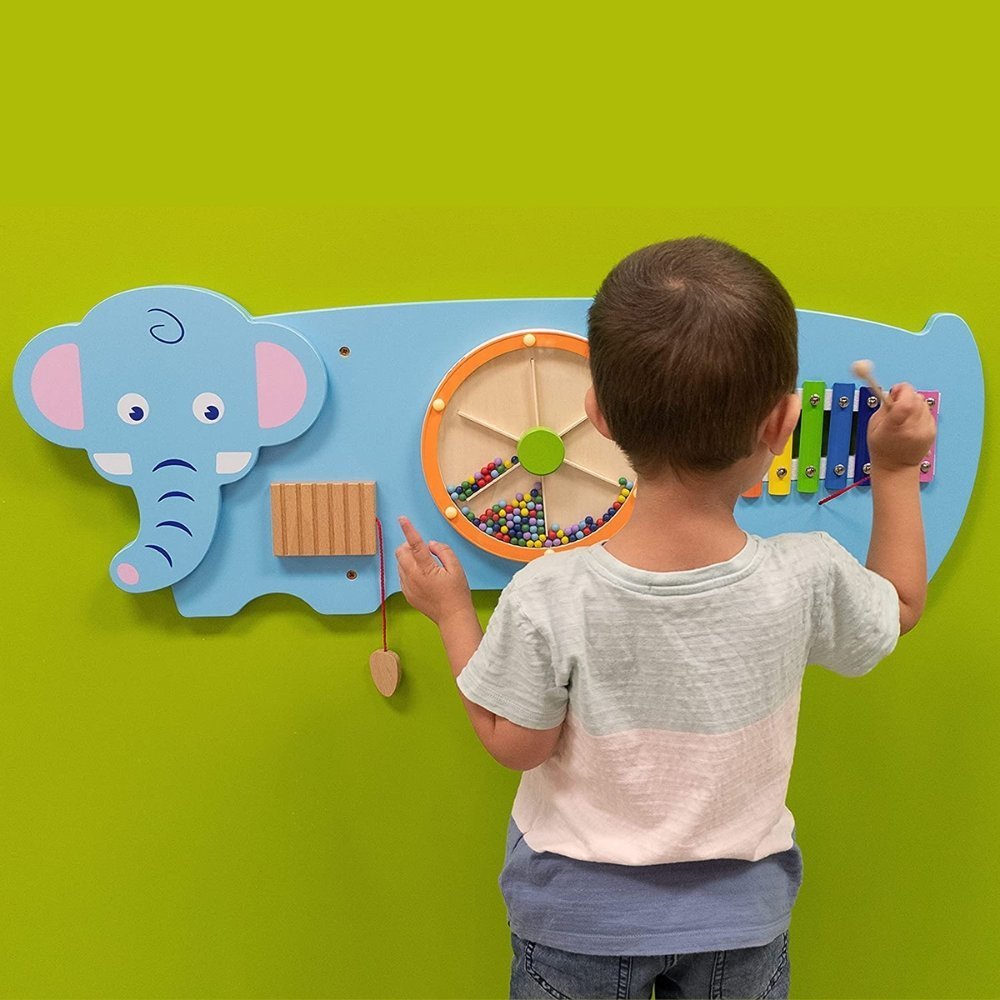 Activity Wall Panel Elephant,An appealing manipulative wall panel in a Elephant design, providing a range of fine motor activities several children can enjoy at once. The Activity Wall Panel Elephant is visually captivating and providing a range of interesting manipulative activities for a single child or group of children playing and exploring together. Excellent for the development of hand-eye coordination, finger control and fine motor skills. Also providing problem solving challenges appropriate to youn