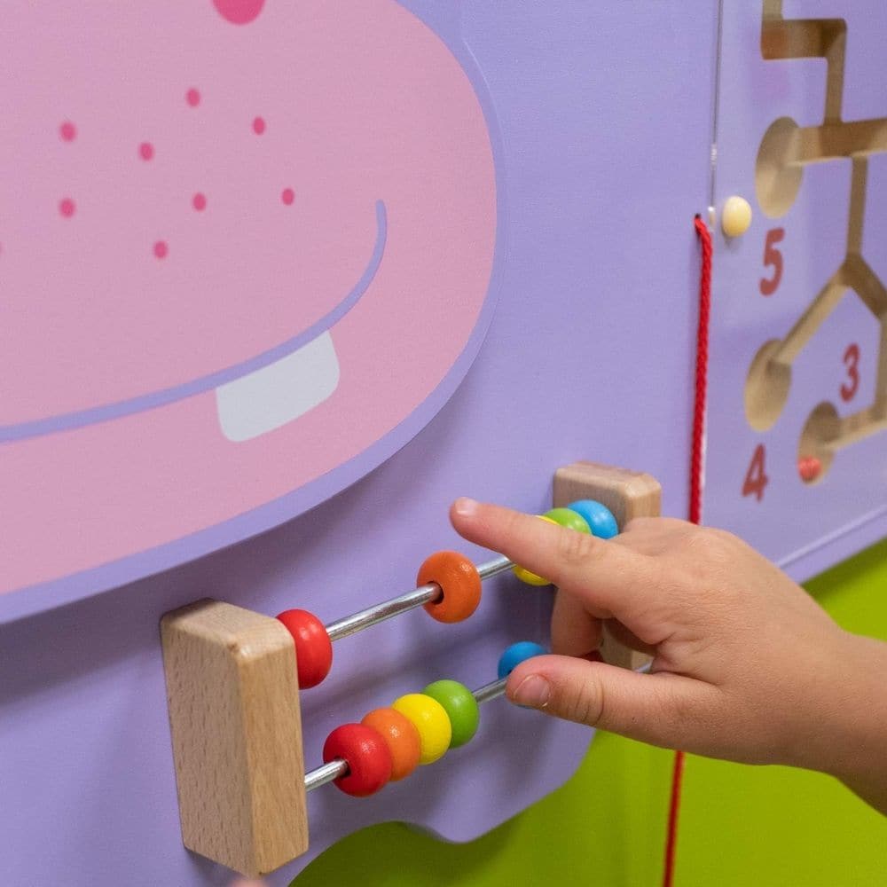 Activity Wall Panel Hippo,The Activity Wall Panel Hippo is not only Visually Stunning for any setting but it also provides a range of interesting manipulative activities for a single child or group of children playing and exploring together. The Activity Wall Panel Hippo is excellent for the development of hand-eye coordination, finger control and fine motor skills. The Activity Wall Panel Hippo also provides problem solving challenges appropriate to young children whilst engaging children in conversations 