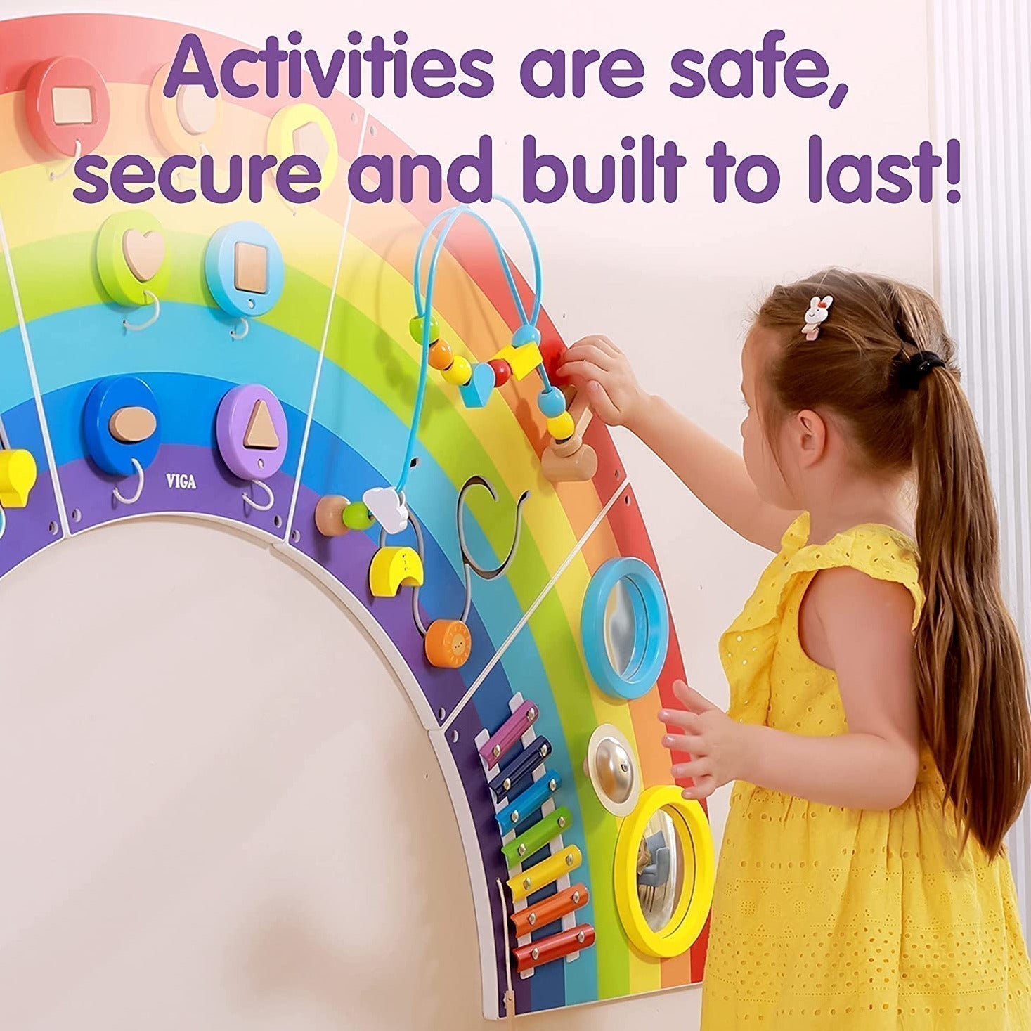 Activity Wall Panel Rainbow,The Activity Wall Panel Rainbow toy is ideal for the wall at home, waiting room, treatment rooms or in your nursery or school. The Activity Wall Panel Rainbow is Ideal for developing hand-eye co-ordination, finger control and fine motor skills. Wall fixings included. The Activity Wall Panel Rainbow also provides problem solving challenges appropriate to young children whilst engaging children in conversations about what they are doing. This activity wall provides a multi-sensory 