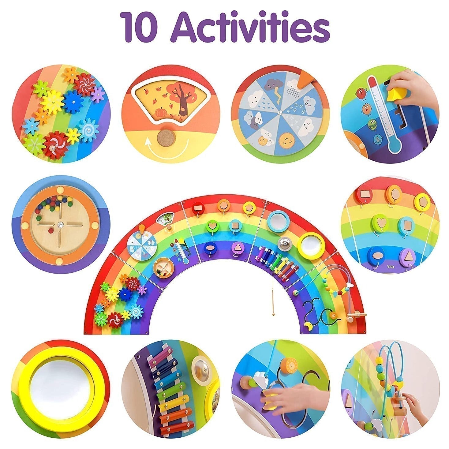 Activity Wall Panel Rainbow,The Activity Wall Panel Rainbow toy is ideal for the wall at home, waiting room, treatment rooms or in your nursery or school. The Activity Wall Panel Rainbow is Ideal for developing hand-eye co-ordination, finger control and fine motor skills. Wall fixings included. The Activity Wall Panel Rainbow also provides problem solving challenges appropriate to young children whilst engaging children in conversations about what they are doing. This activity wall provides a multi-sensory 