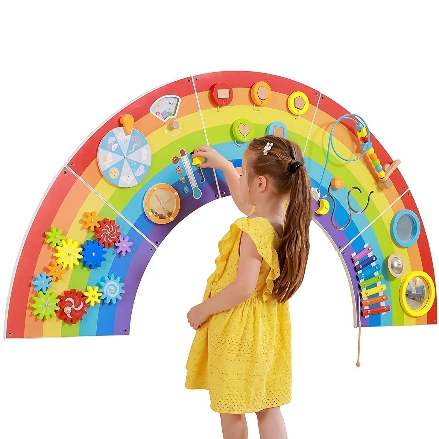 Activity Wall Panel Rainbow,The Activity Wall Panel Rainbow toy is ideal for the wall at home, waiting room, treatment rooms or in your nursery or school. The Activity Wall Panel Rainbow is Ideal for developing hand-eye co-ordination, finger control and fine motor skills. Wall fixings included. The Activity Wall Panel Rainbow also provides problem solving challenges appropriate to young children whilst engaging children in conversations about what they are doing. This activity wall provides a multi-sensory 