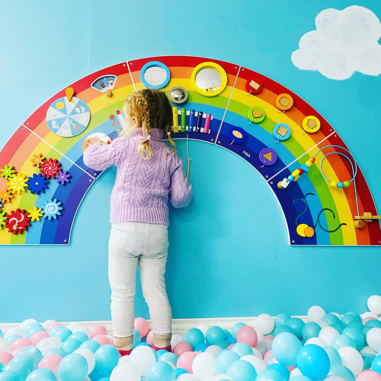 Activity Wall Panel Rainbow,The Activity Wall Panel Rainbow toy is ideal for the wall at home, waiting room, treatment rooms or in your nursery or school. The Activity Wall Panel Rainbow is Ideal for developing hand-eye co-ordination, finger control and fine motor skills. Wall fixings included. The Activity Wall Panel Rainbow also provides problem solving challenges appropriate to young children whilst engaging children in conversations about what they are doing. This activity wall provides a multi-sensory 