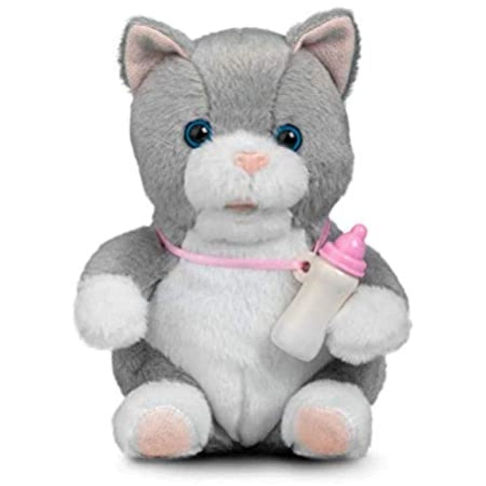 Animigos New Born Kitten,Animigos New Born Kitten Introducing the adorable Animigos New Born Kitten from our delightful Animigos collection! This charming baby animal plush toy features soft, furry characteristics and comes with an interactive plastic drinking bottle. Key Features: Realistic Drinking Sounds: The kitten comes with a plastic bottle that hangs around its neck. Place the tip of the bottle to the kitten's mouth to hear it lapping away, mimicking a newborn animal feeding. Soft and Furry: Made fro