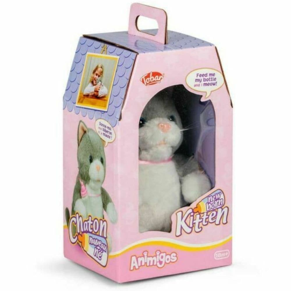 Animigos New Born Kitten,Animigos New Born Kitten Introducing the adorable Animigos New Born Kitten from our delightful Animigos collection! This charming baby animal plush toy features soft, furry characteristics and comes with an interactive plastic drinking bottle. Key Features: Realistic Drinking Sounds: The kitten comes with a plastic bottle that hangs around its neck. Place the tip of the bottle to the kitten's mouth to hear it lapping away, mimicking a newborn animal feeding. Soft and Furry: Made fro