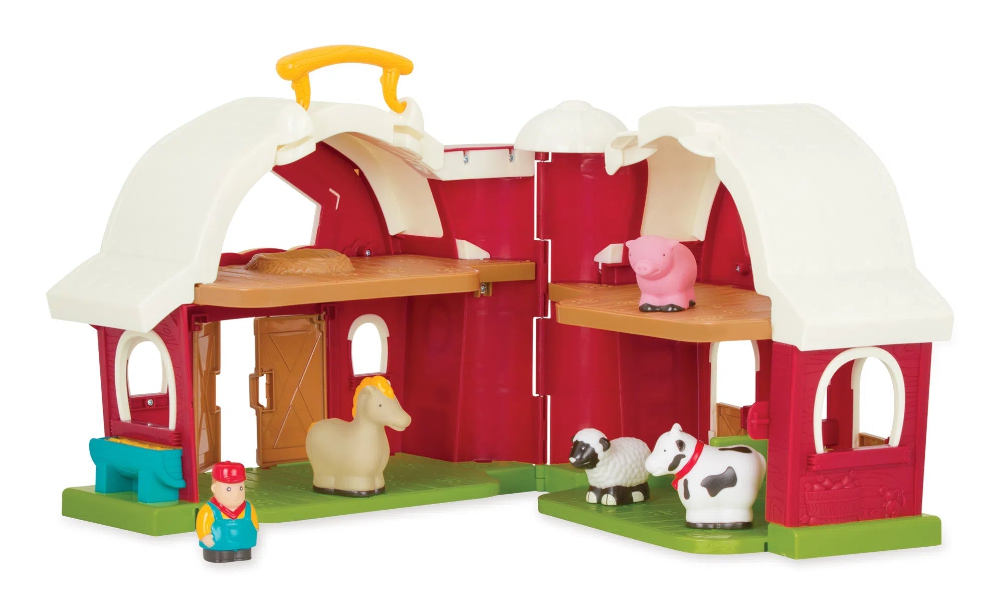 Battat Big Red Barn,Embark on a Delightful Farming Adventure with the Battat Big Red Barn Playset Step into a world of countryside fun with the Battat Big Red Barn playset – a treasure trove of playful adventures designed for little hands and big imaginations. Meet Your Farmyard Friends As you swing open the vibrant red doors of this enchanting barn, you'll be greeted by a cheerful ensemble of farmyard friends: A friendly horse A gentle cow A soft sheep A playful pig The trusty farmer who looks after them a