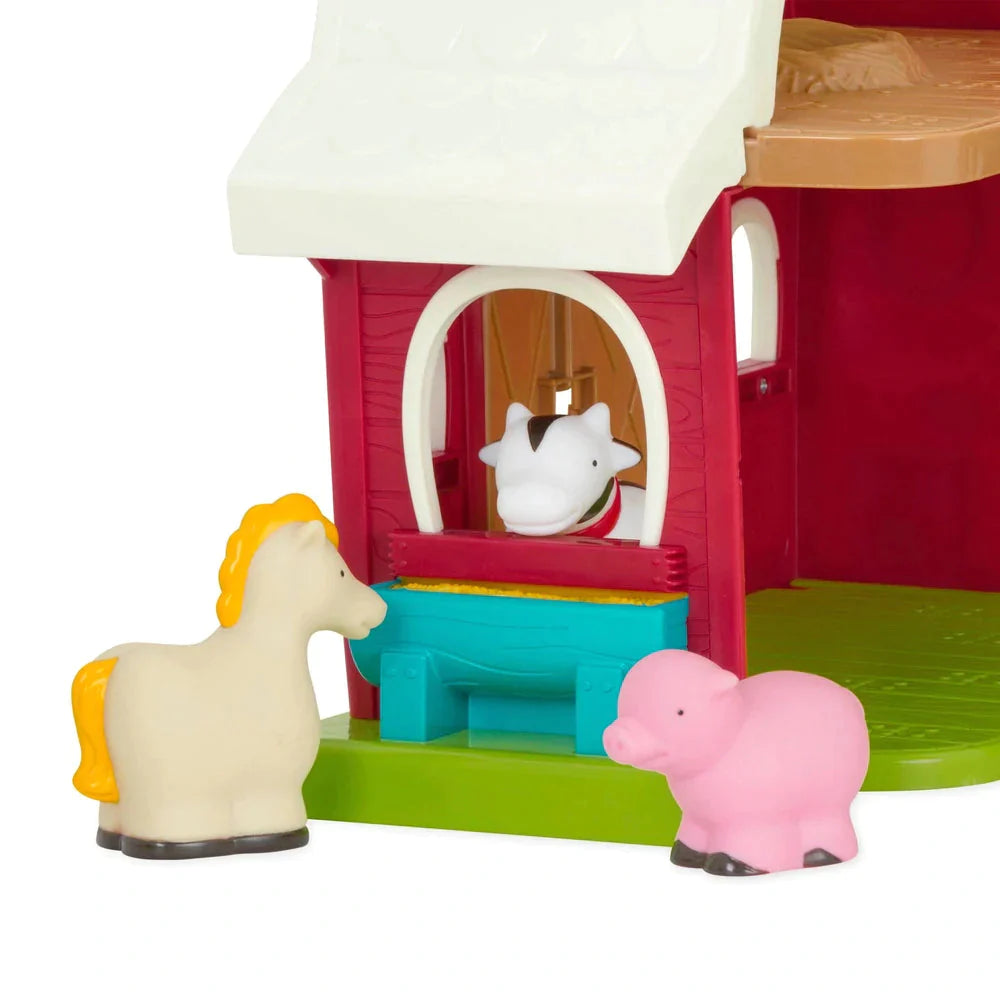 Battat Big Red Barn,Embark on a Delightful Farming Adventure with the Battat Big Red Barn Playset Step into a world of countryside fun with the Battat Big Red Barn playset – a treasure trove of playful adventures designed for little hands and big imaginations. Meet Your Farmyard Friends As you swing open the vibrant red doors of this enchanting barn, you'll be greeted by a cheerful ensemble of farmyard friends: A friendly horse A gentle cow A soft sheep A playful pig The trusty farmer who looks after them a