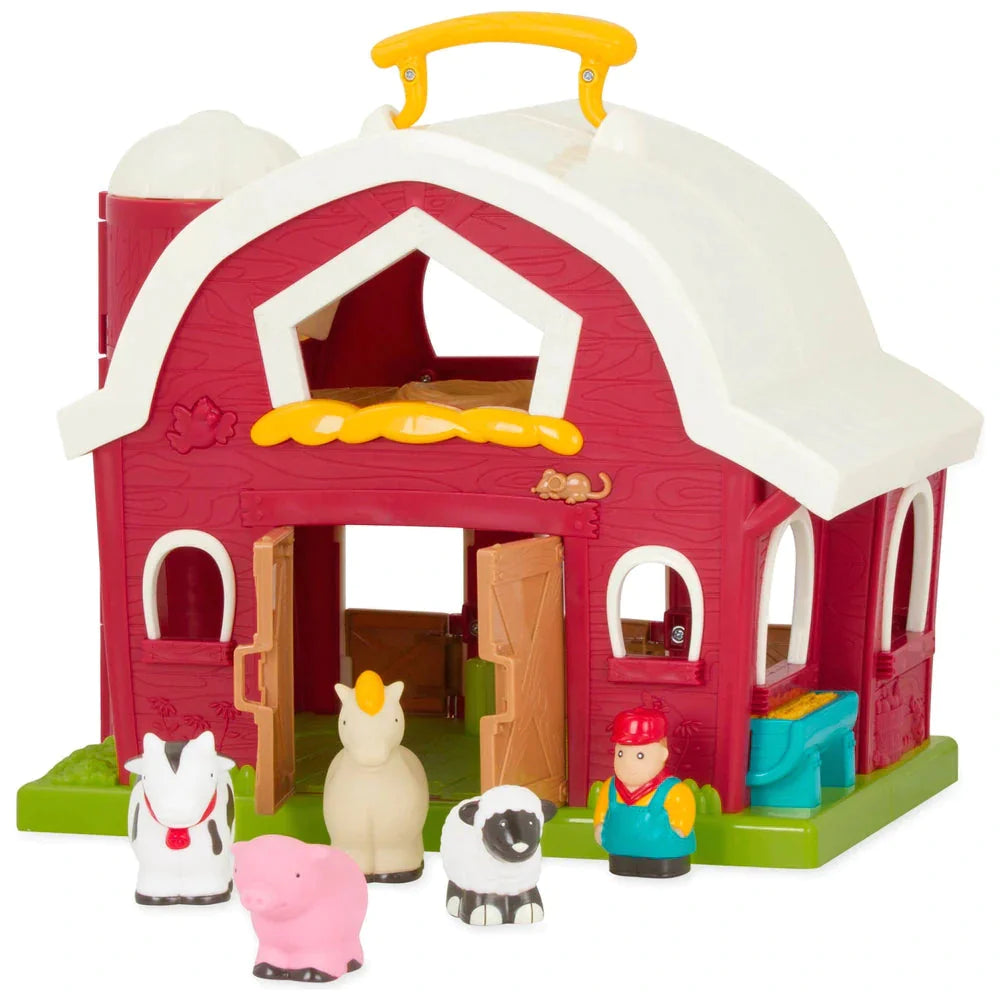 Battat Big Red Barn,Embark on a Delightful Farming Adventure with the Battat Big Red Barn Playset Step into a world of countryside fun with the Battat Big Red Barn playset – a treasure trove of playful adventures designed for little hands and big imaginations. Meet Your Farmyard Friends As you swing open the vibrant red doors of this enchanting barn, you'll be greeted by a cheerful ensemble of farmyard friends: A friendly horse A gentle cow A soft sheep A playful pig The trusty farmer who looks after them a