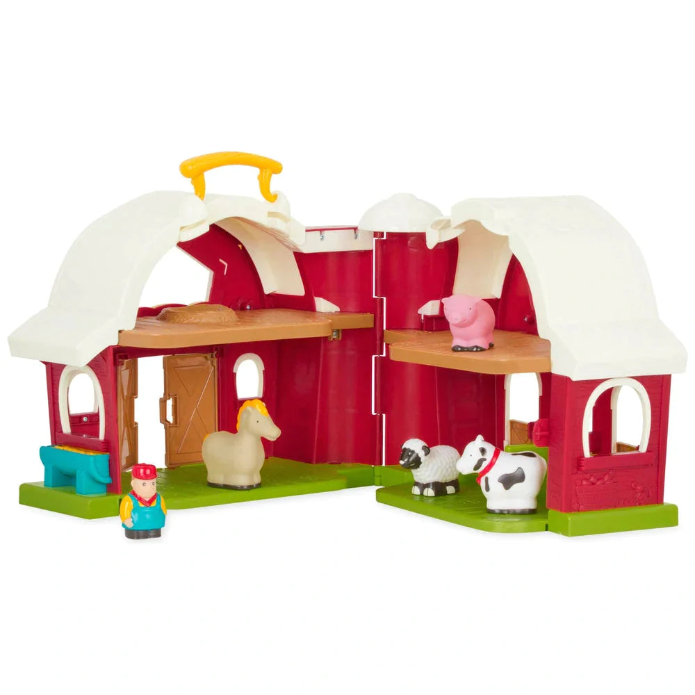 Battat Big Red Barn,Embark on a Delightful Farming Adventure with the Battat Big Red Barn Playset Step into a world of countryside fun with the Battat Big Red Barn playset – a treasure trove of playful adventures designed for little hands and big imaginations. Meet Your Farmyard Friends As you swing open the vibrant red doors of this enchanting barn, you'll be greeted by a cheerful ensemble of farmyard friends: A friendly horse A gentle cow A soft sheep A playful pig The trusty farmer who looks after them a