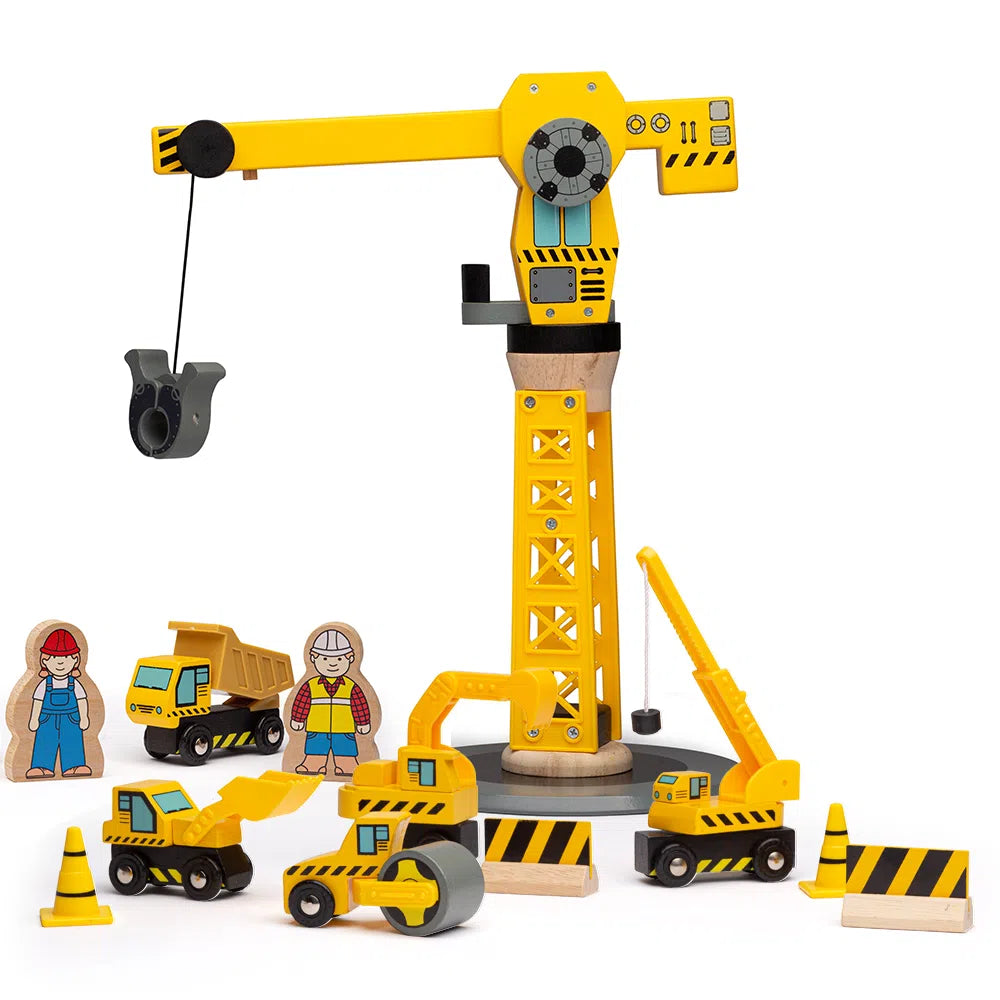 Big Crane Construction Set,Big Crane Construction Set It’s tiring work at the building site and time to get serious! Towering up into the skyline, this working wooden crane toy can lift a load, swivel it around, and also move it forwards and backwards. An impressive wooden train accessory, it’s just like the real thing! Certain to keep every element of the wooden railway network in great shape, construction site workers and their vehicles are on hand to assist with every project that needs completing with o