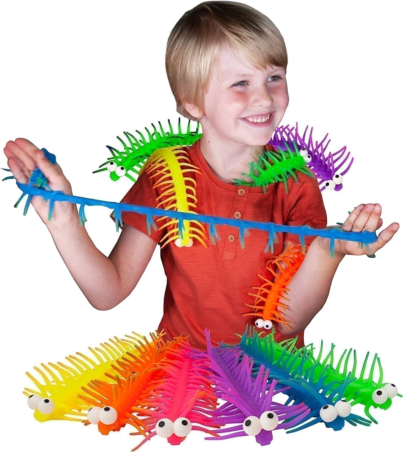 Centipede Toy,Soft to touch and super stretchy colourful stretchy Centipede toy The Stretchy centipede stretches to longer lengths many times its standard size. Lovely and cute tactile centipede which is a tactile play delight and one which is very popular amongst children and adults. The Stretchy Centipede toy also responds very well under UV black light to create a stunning visual effect. A fantastic way to experience a new texture and sensation and this is perfect for children who maybe tactile defensive