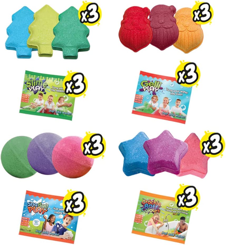 Christmas Advent Calendar From Zimpli Kids,This is the perfect advent calendar to have an awesome Zimpli treat every day in December.Count down to Christmas with a new surprise messy play resource daily behind every door from 1st December. From slime to gelli baff to a fantastic baff bomb treat this advent calendar will be a hit this December. 24 x Quality Christmas Stocking Fillers. Each toy is great fun & will give hours of play time 12 X BAFF BOMBZ: Make bath time fun time by creating a colourful, fizzin