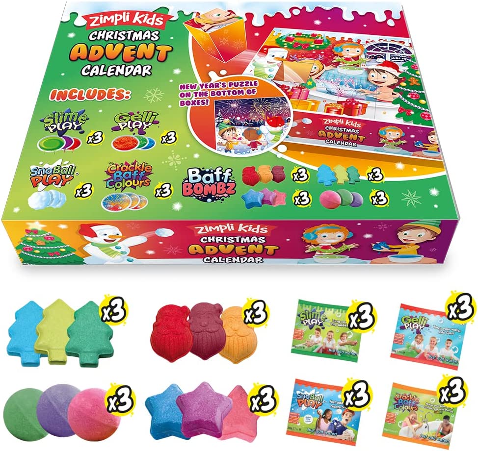 Christmas Advent Calendar From Zimpli Kids,This is the perfect advent calendar to have an awesome Zimpli treat every day in December.Count down to Christmas with a new surprise messy play resource daily behind every door from 1st December. From slime to gelli baff to a fantastic baff bomb treat this advent calendar will be a hit this December. 24 x Quality Christmas Stocking Fillers. Each toy is great fun & will give hours of play time 12 X BAFF BOMBZ: Make bath time fun time by creating a colourful, fizzin