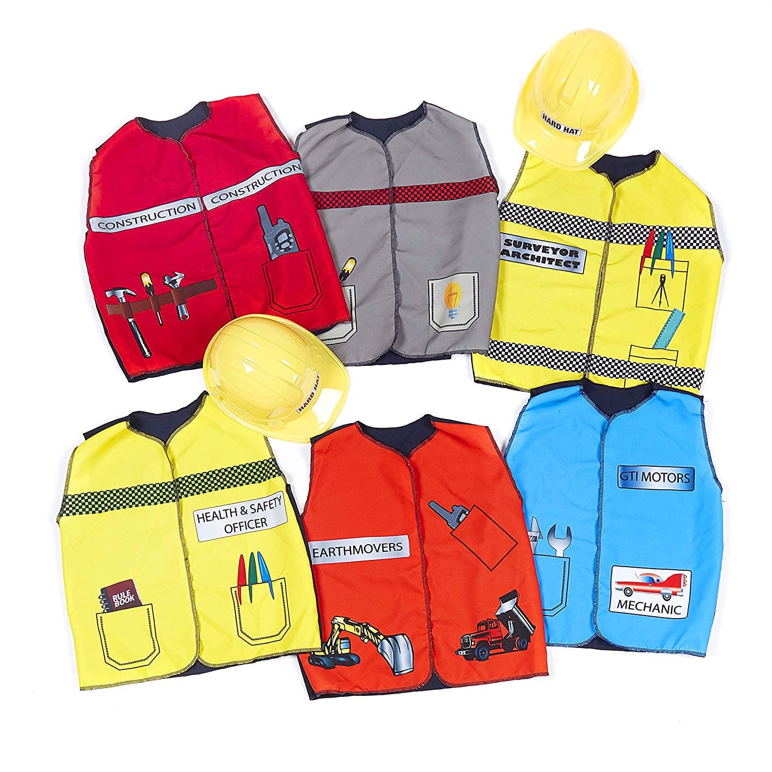 Construction Tabard And Hard Hat Set Of 6,Introducing the perfect addition to your dressing up box and role play area: a delightful set of Construction Tabards and Hard Hats! Transform into a construction worker and unlock the world of imaginary play with this exciting ensemble. Children will love exploring the world of construction through imaginative play, donning these vibrant tabards and hard hats. Whether they're building towering skyscrapers, constructing roads, or operating heavy machinery, this set 