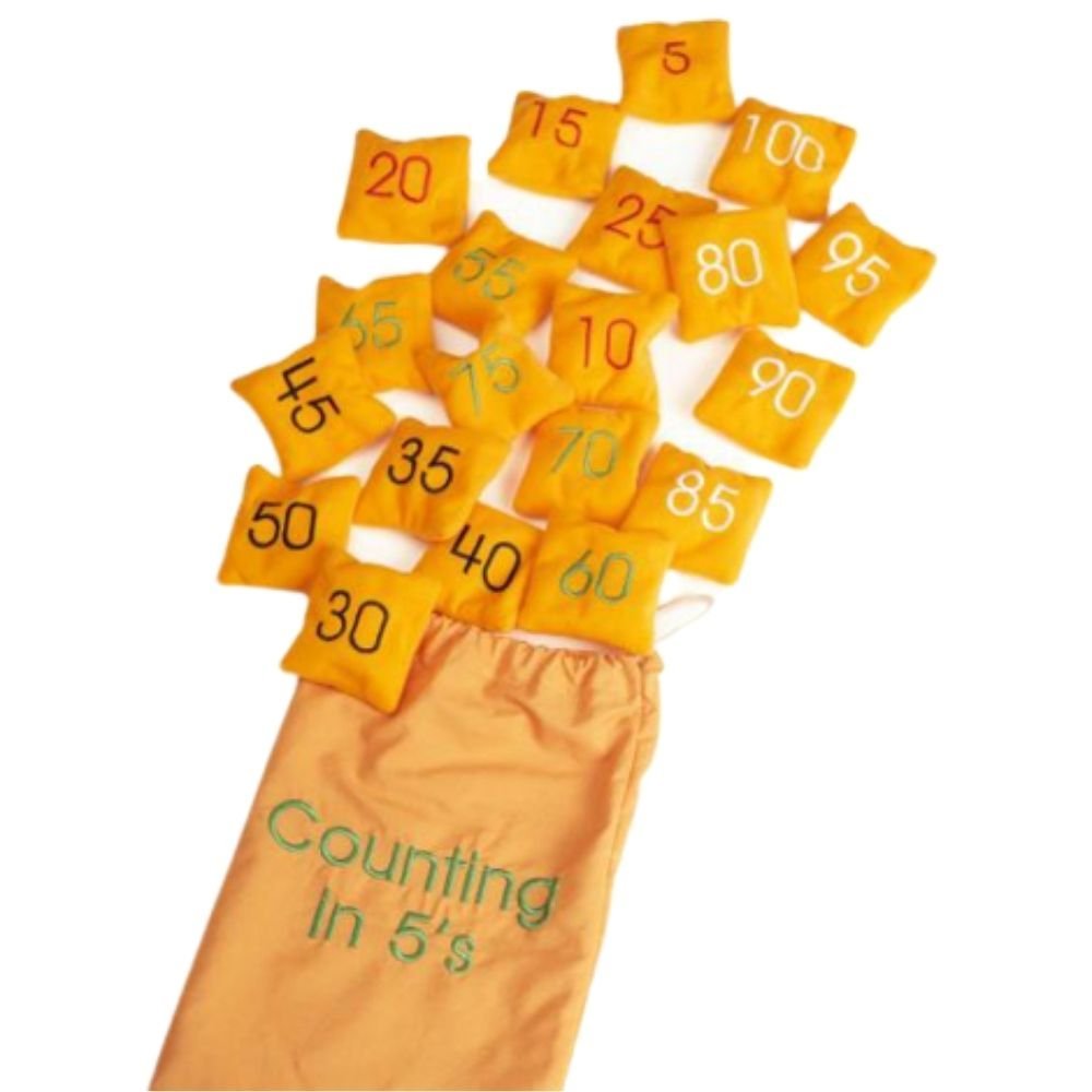 Counting In 5s Bean Bags,Counting In 5s Bean Bags: Fun and Interactive Learning Tool The Counting In 5s Bean Bags offer an engaging way to teach children to count in multiples of 5, from 5 to 100. These colourful bean bags are perfect for teaching number sequences and enhancing numerical understanding through hands-on activities. Features and Benefits: Engaging and Educational Counting in 5s: Helps children learn to count in multiples of 5, reinforcing number sequences from 5 to 100. Colour Coded: Bean bags