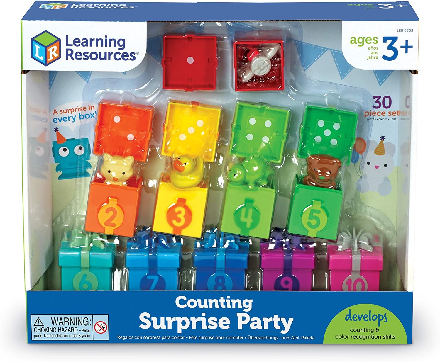 Counting Surprise Party,The Counting Surprise Party is a delightful learning toy designed to provide hours of educational fun for your child. This collection includes a range of numbered boxes, each containing a different colourful object. The boxes are adorned with numerals on the front and a dot array inside the lid, making it easy for children to match the lid to the correct numbered box. Each box is a treasure trove of fun, containing various objects from a friendly cat to a vibrant purple teapot. These