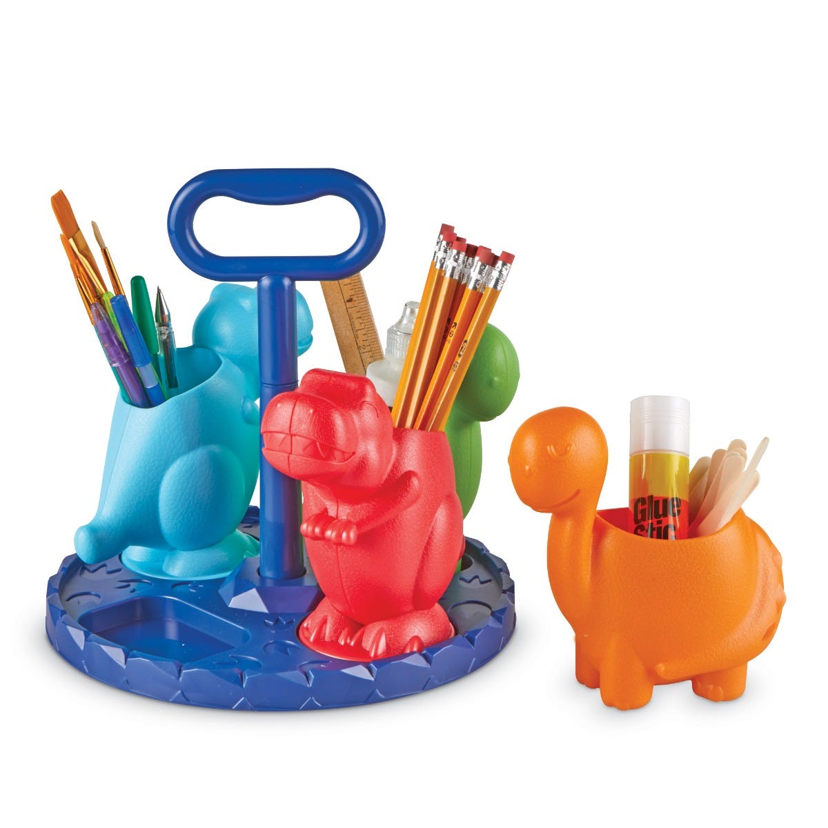 Create-A-Space Kiddy Centre Dinos,Create-a-Space™ Kiddy Centre: Dinos! is the dinosaur storage solution that’s perfect for dino fans to organise pencils, markers, scissors, glue stick, and more. There are 4 removable dinosaur stationery storage cups on the portable base with carrier handle. This means that stationery supplies are always within easy reach. Dinosaur fans will love organising their stationery with this fun Create-a-Space™ desk organiser. Store stationery supplies and move them with ease. This 