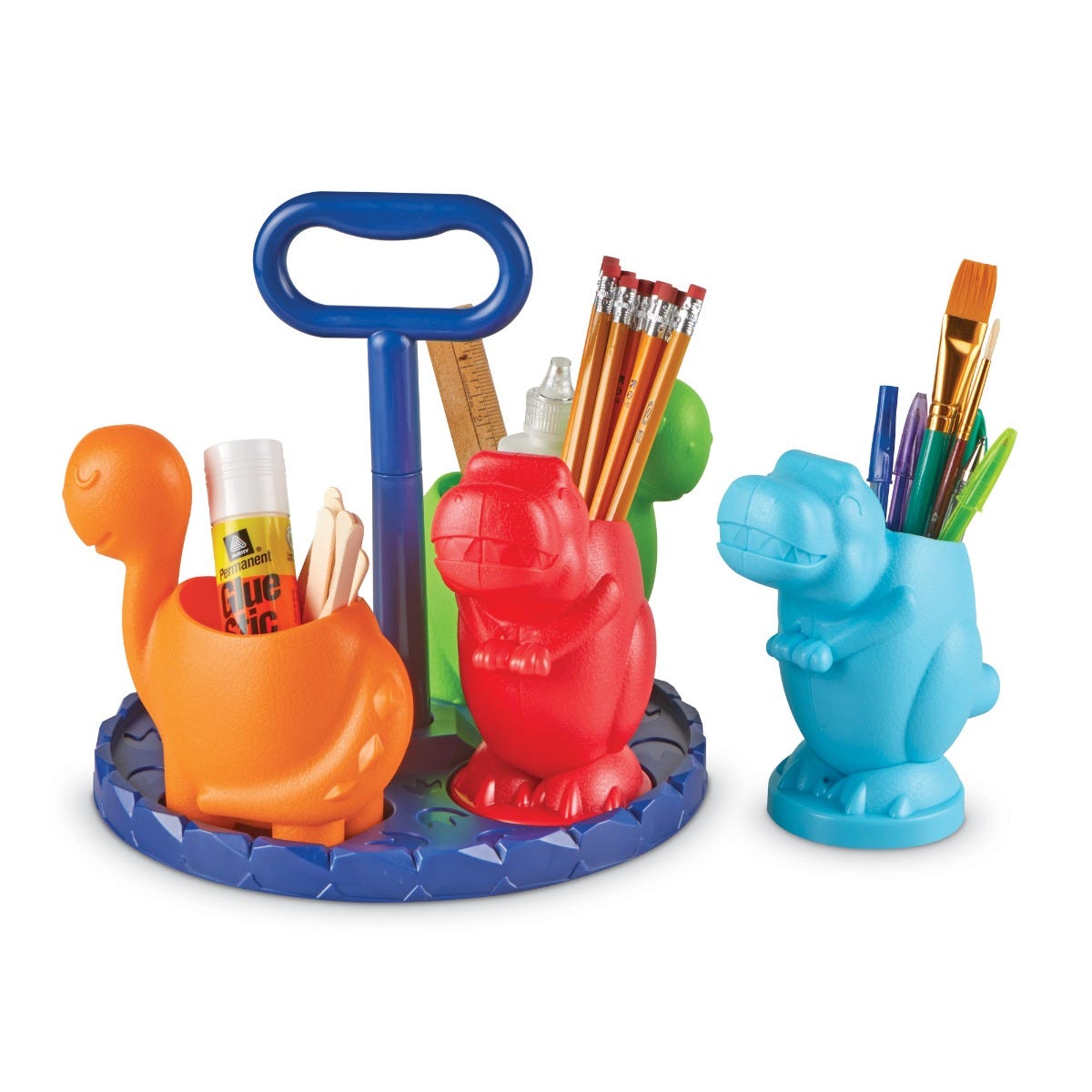 Create-A-Space Kiddy Centre Dinos,Create-a-Space™ Kiddy Centre: Dinos! is the dinosaur storage solution that’s perfect for dino fans to organise pencils, markers, scissors, glue stick, and more. There are 4 removable dinosaur stationery storage cups on the portable base with carrier handle. This means that stationery supplies are always within easy reach. Dinosaur fans will love organising their stationery with this fun Create-a-Space™ desk organiser. Store stationery supplies and move them with ease. This 