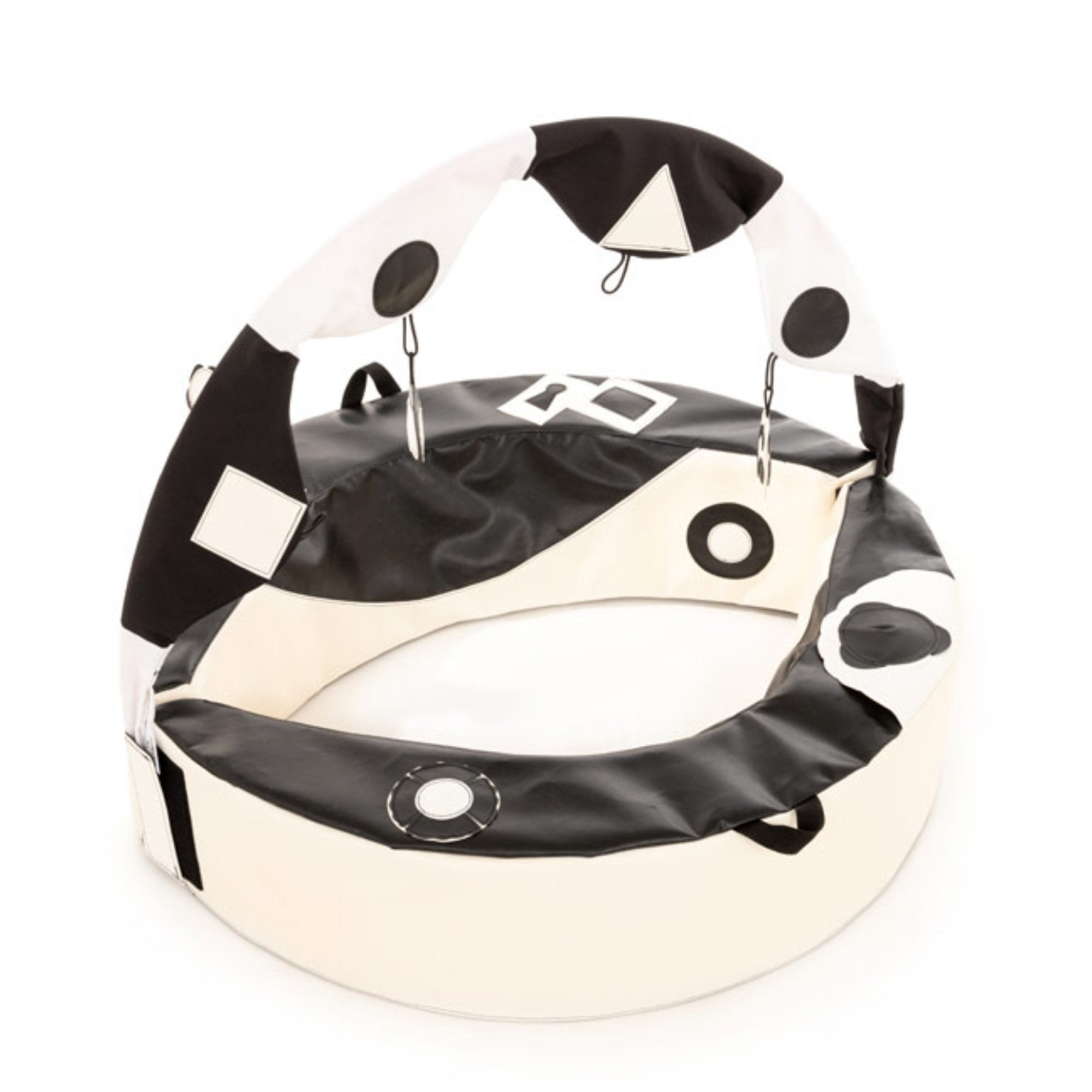 Crescent Ring With Activity Arch,The Crescent Ring with Activity Arch is superbly designed to help with early development. It surrounds a young baby with tactile, visual and sound stimulation, encouraging them to take notice and explore their surroundings. The soft foam walls offer interest and support to aid first sitting up. The addition of an arch creates a new dimension with two toys and extra clips to hang favourite toys directly within eye line and easy reach. Made in wipe clean PVC and washable cotto