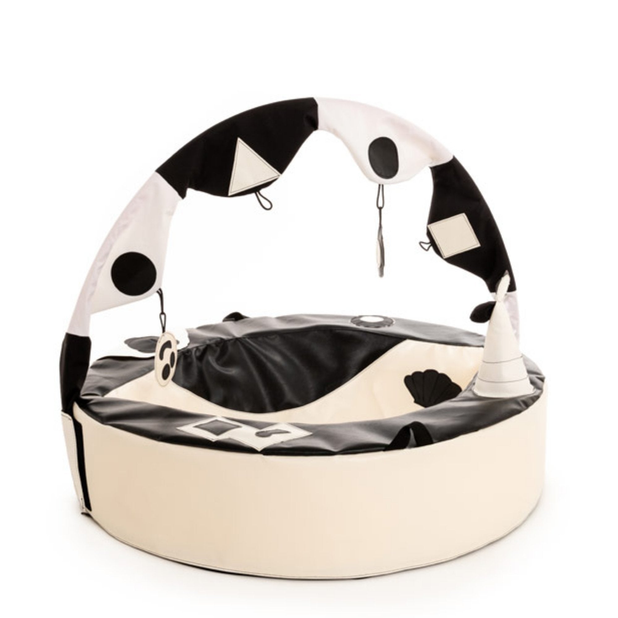 Crescent Ring With Activity Arch,The Crescent Ring with Activity Arch is superbly designed to help with early development. It surrounds a young baby with tactile, visual and sound stimulation, encouraging them to take notice and explore their surroundings. The soft foam walls offer interest and support to aid first sitting up. The addition of an arch creates a new dimension with two toys and extra clips to hang favourite toys directly within eye line and easy reach. Made in wipe clean PVC and washable cotto