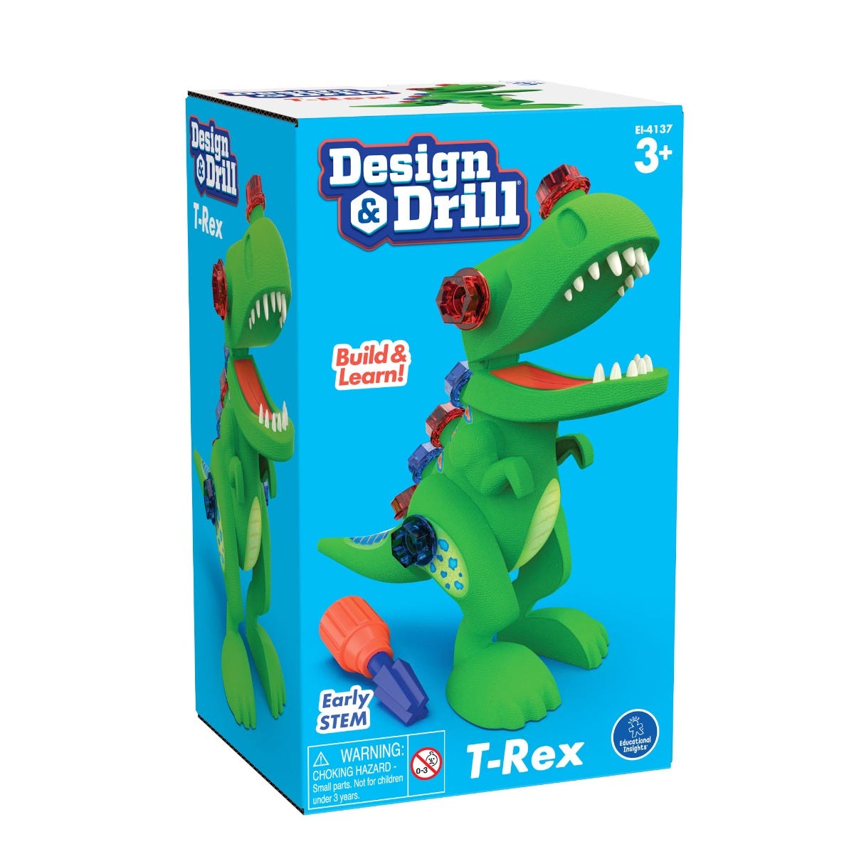 Design & Drill® Take-Apart T-Rex,Build your own T-rex with this dinosaur construction kit for preschoolers from Design & Drill®! Children use tools perfectly-sized for little hands to tinker with their very own dinosaur toy with moveable mouth and legs. Snap the 4 pieces together, and then use the kid-sized screwdriver to screw in the chunky, colourful bolts. Then head off into roar-some imaginative play with the Design & Drill Take-Apart T-Rex. Kids roar into creative play and build coordination skills as 