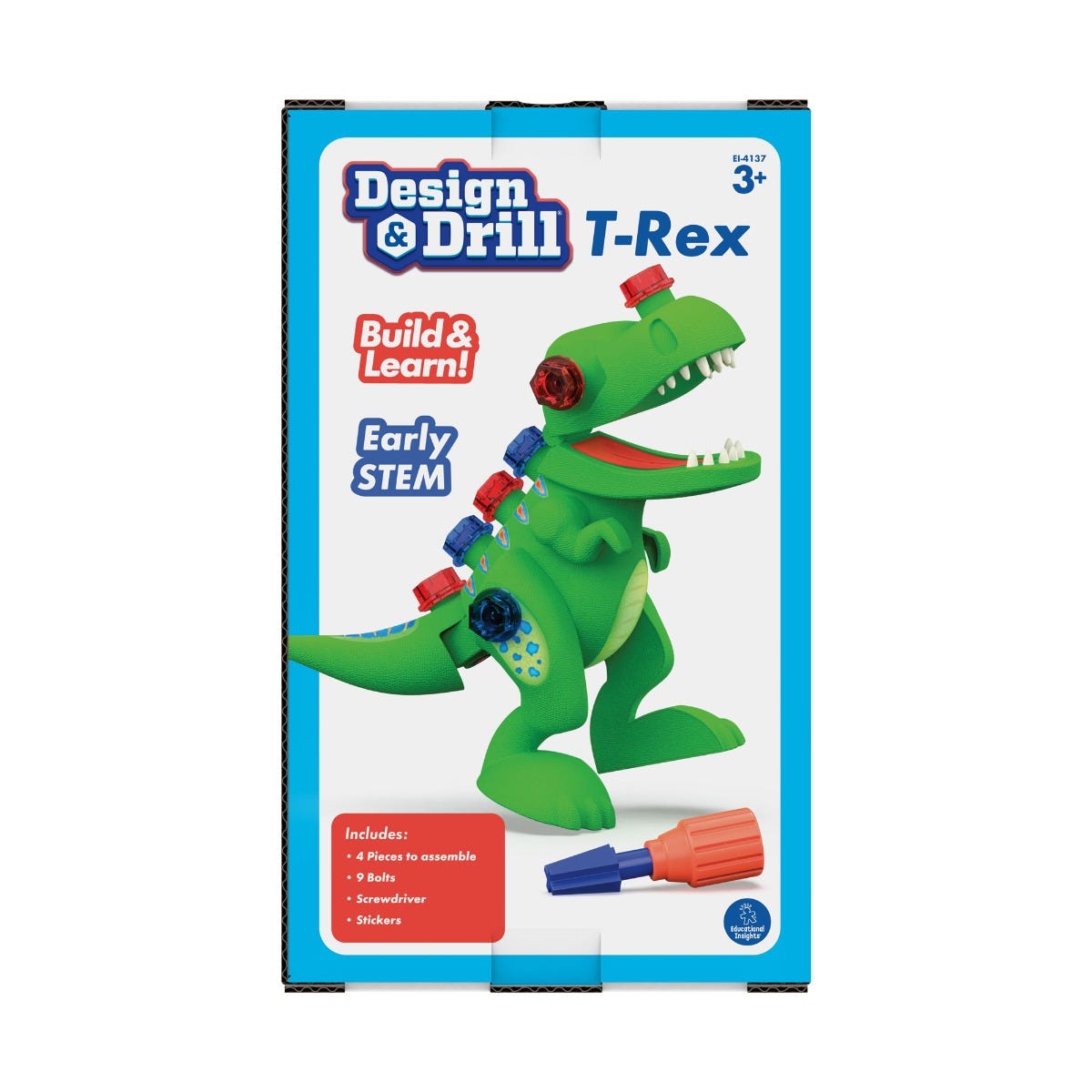 Design & Drill® Take-Apart T-Rex,Build your own T-rex with this dinosaur construction kit for preschoolers from Design & Drill®! Children use tools perfectly-sized for little hands to tinker with their very own dinosaur toy with moveable mouth and legs. Snap the 4 pieces together, and then use the kid-sized screwdriver to screw in the chunky, colourful bolts. Then head off into roar-some imaginative play with the Design & Drill Take-Apart T-Rex. Kids roar into creative play and build coordination skills as 