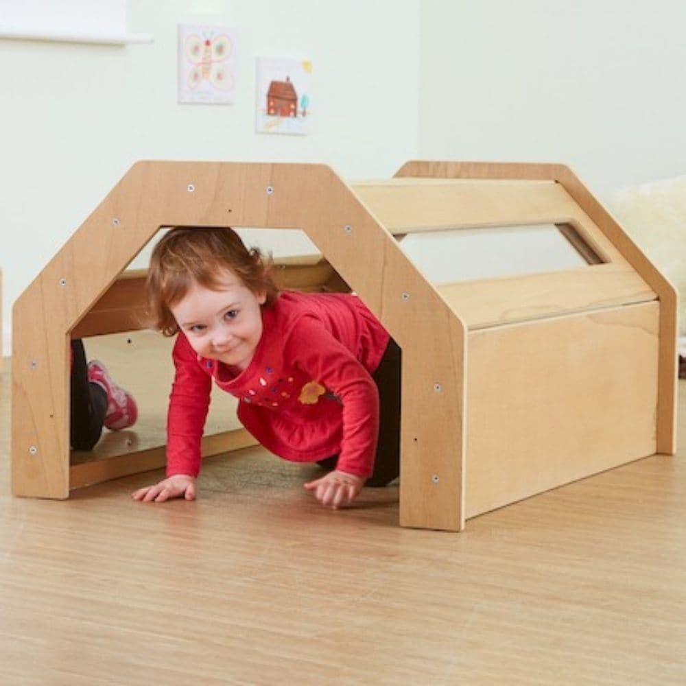 Discovery Tunnel,Our multi use Wooden Activity Tunnel includes two blackboards, two perspex panels and one mirror panel. Perfect for younger children with just enough challenge when crawling under or over. The Wooden Activity Tunnel is made from a material called Duraply. This is an ultra-durable panel for outdoor use in the most demanding conditions. It is lightweight, heat resistant and has increased biological durability meaning it does not require any treatment when left outside, unlike wood. The tunnel