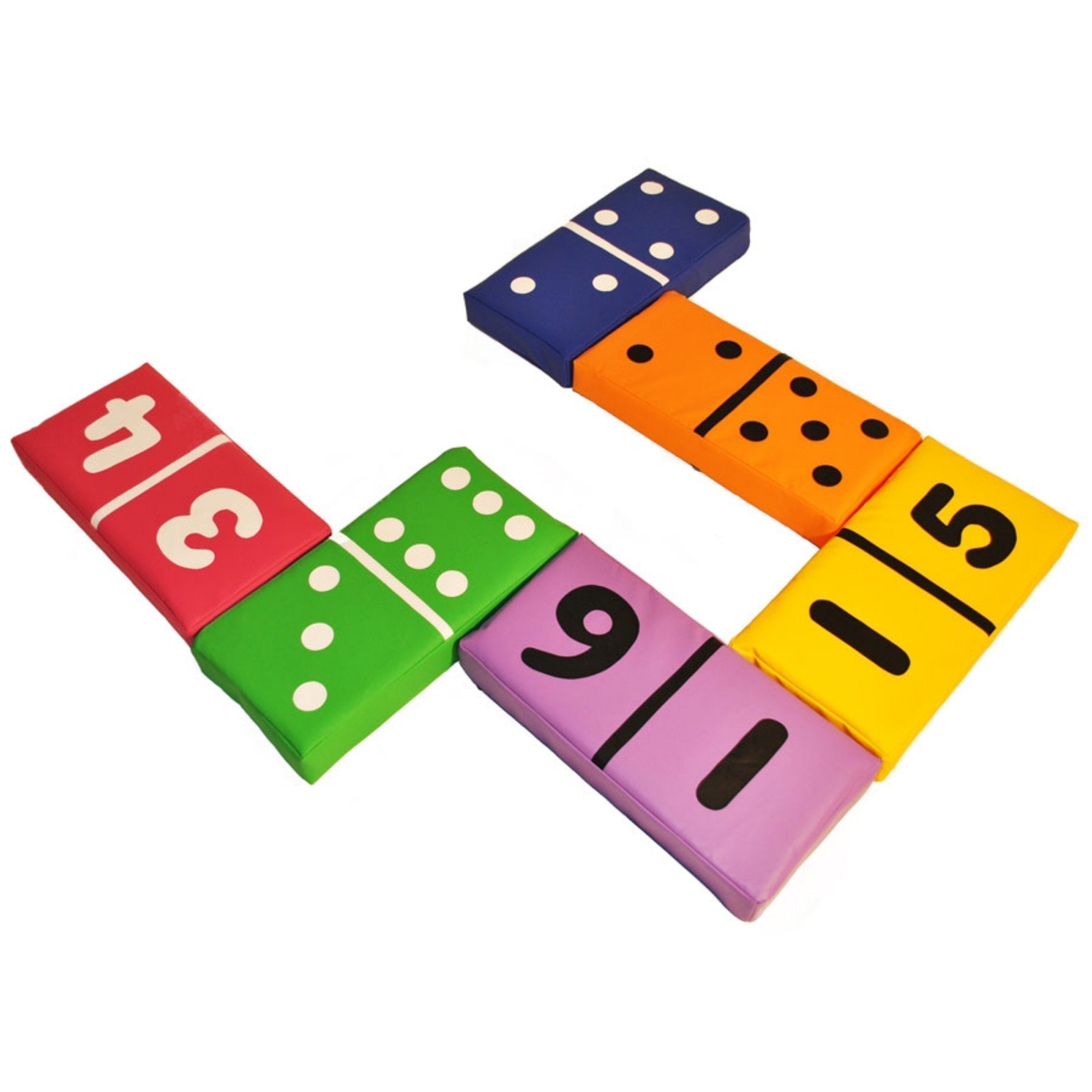 Dominoes Set Of 6,The Colourful Dominoes Set of 6 is a versatile and engaging educational tool designed for young learners. Crafted from large, soft foam pieces, this set not only serves as a fun introduction to early number skills but also doubles as an imaginative construction set for general soft play. With numbers on one side and dots on the other, these dominoes offer flexibility in play, allowing children to engage in number and pattern recognition activities. Features: Dual-Sided Design: Each domino 