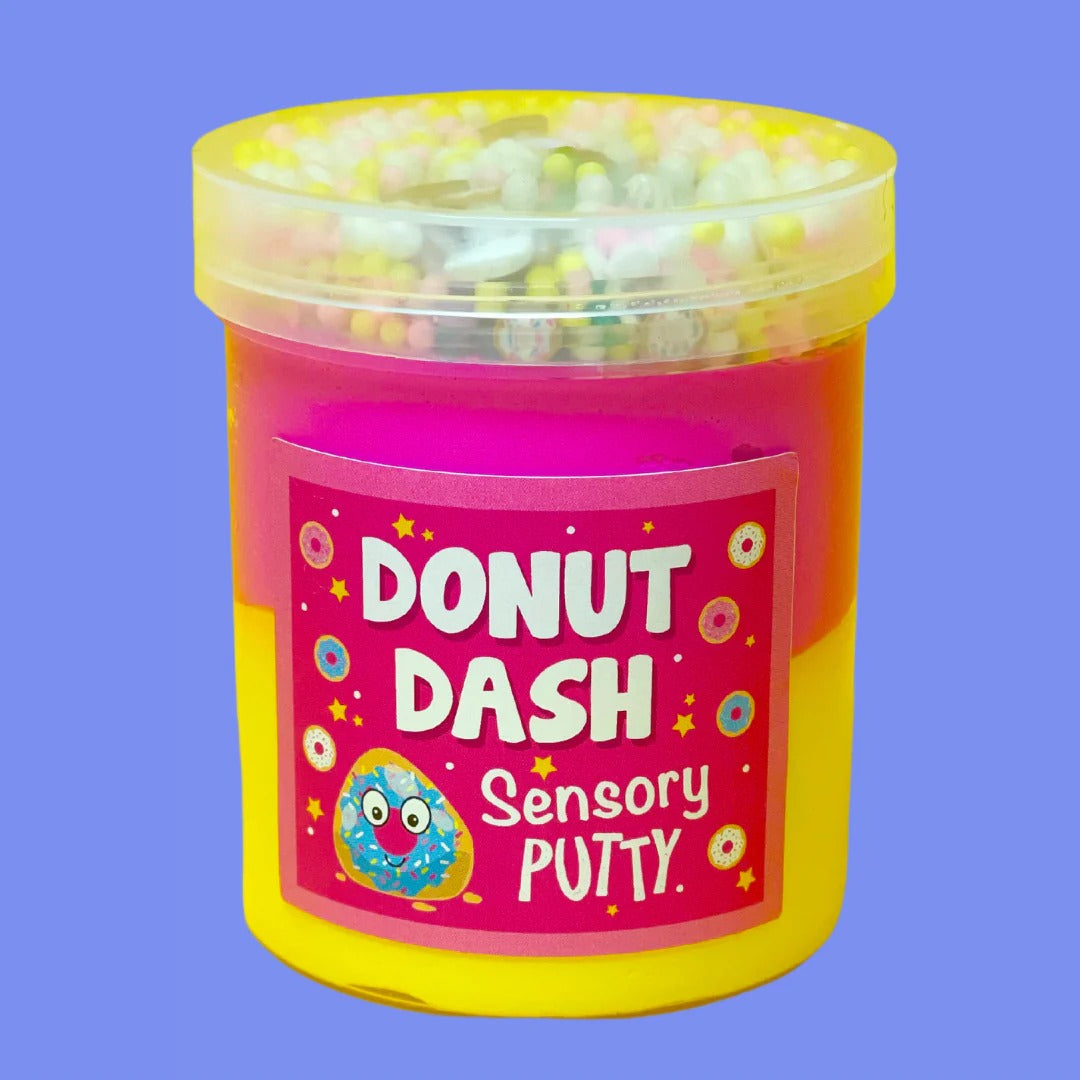 Donut Dash Putty,Our Donut Dash putty is like a birthday party in a jar! The duo of pink and yellow putty perfectly compliment the pink, yellow and white floam beads, adorable donut sprinkles and our marvelous donut charm on top! Putties are air reactive and will dry out of left out. Always return to the container after play with the lid tightly on. Keep away from direct sunlight. Keep away from fabrics and porous surfaces. Container Size: 275ml Ages 5+, Adult supervision recommended. Donut Dash Putty Washi