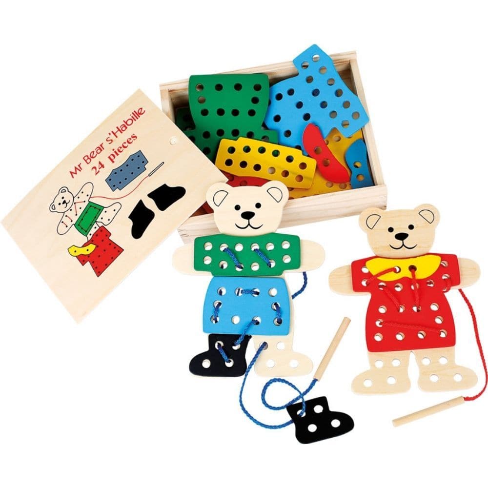 Dress-Up Bears Threading Game,The Dress-Up Bears Threading Game is an adorable and engaging activity set designed to captivate the imagination of young children while simultaneously developing their fine motor skills and creativity. This charming set features two wooden bears that children can dress up using a variety of wooden clothing pieces and string, making it an excellent introduction to threading and stitching patterns. Features: Wooden Dress-Up Bears: The set includes two wooden bears as the base fo