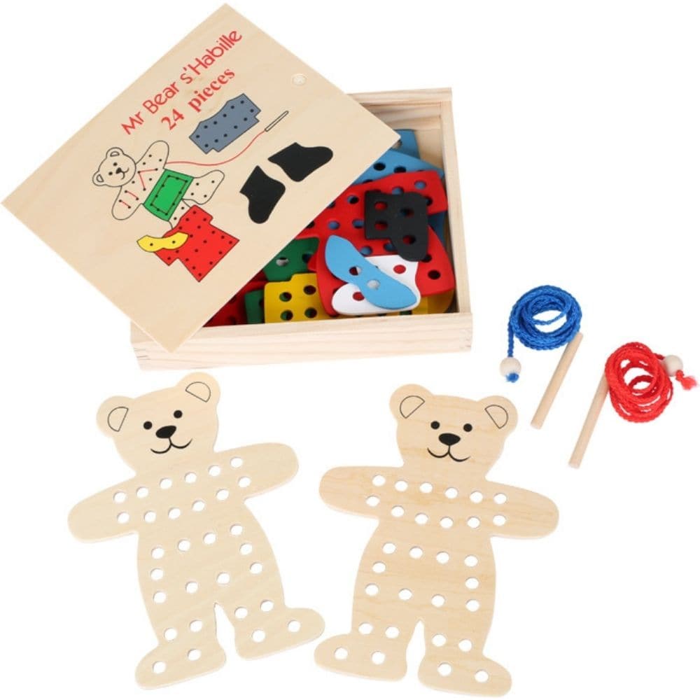 Dress-Up Bears Threading Game,The Dress-Up Bears Threading Game is an adorable and engaging activity set designed to captivate the imagination of young children while simultaneously developing their fine motor skills and creativity. This charming set features two wooden bears that children can dress up using a variety of wooden clothing pieces and string, making it an excellent introduction to threading and stitching patterns. Features: Wooden Dress-Up Bears: The set includes two wooden bears as the base fo