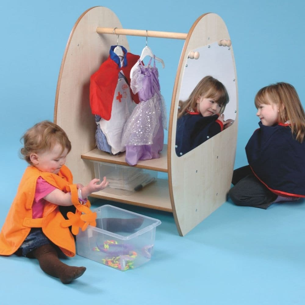 Dressing Up Trolley With Mirror,Introducing the Dressing Up Trolley With Mirror, the ultimate accessory for little ones to dive into the magical world of dress-up play. Specially designed for children under 3 years old, this trolley ensures easy access to dress-up items, allowing their creativity to soar.Crafted from 15mm covered MDF, this trolley is not only durable but also ISO 22196 certified antibacterial, ensuring a clean and safe play environment. The antibacterial properties offer peace of mind for p