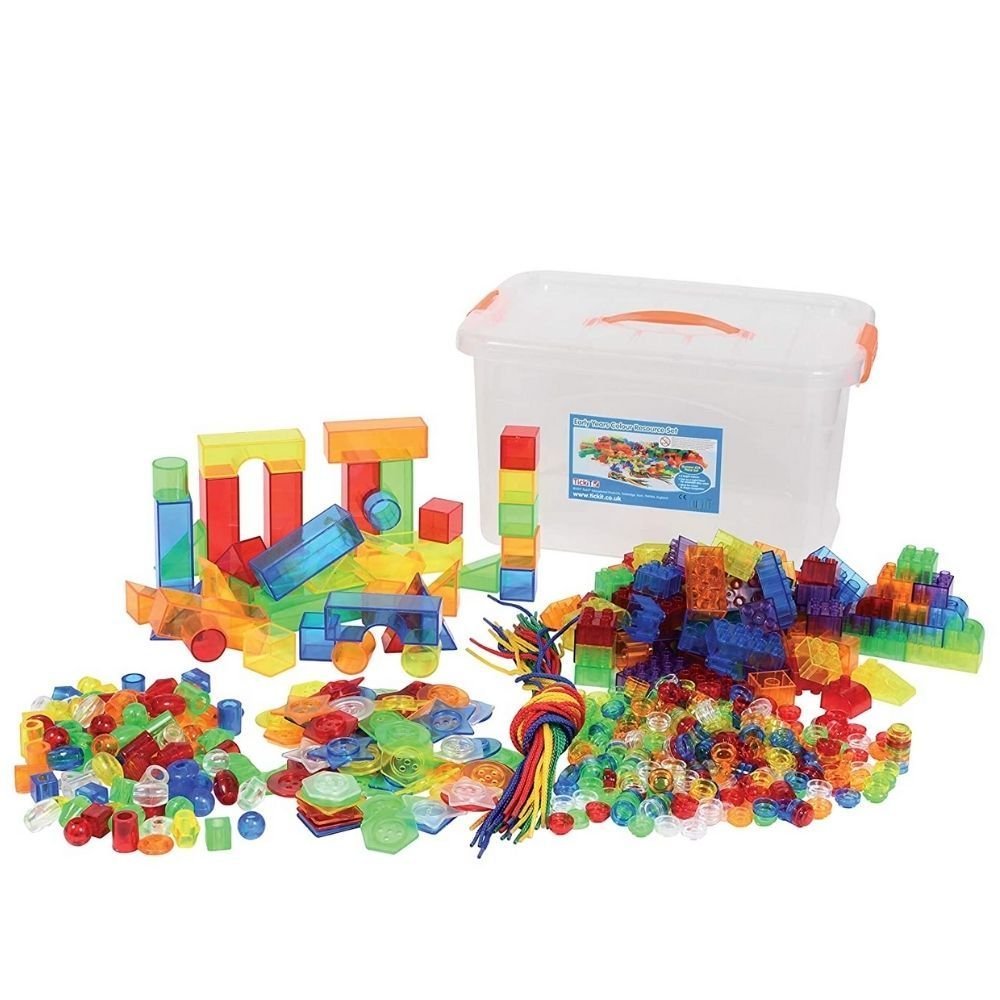 Early Years Colour Resource Set,The Early Years Colour Resource Set is a bumper pack of over 634 translucent acrylic colour resources and laces, ideal for using on a light panel for early investigation and exploration of colour, shape, pattern, counting & sorting, fine motor skills, construction and creative play. The Early Years Colour Resource Set includes a convenient storage container. The Early Years Colour Resource Set is the perfect addition to any sensory light panel. Set includes:40 Translucent Col